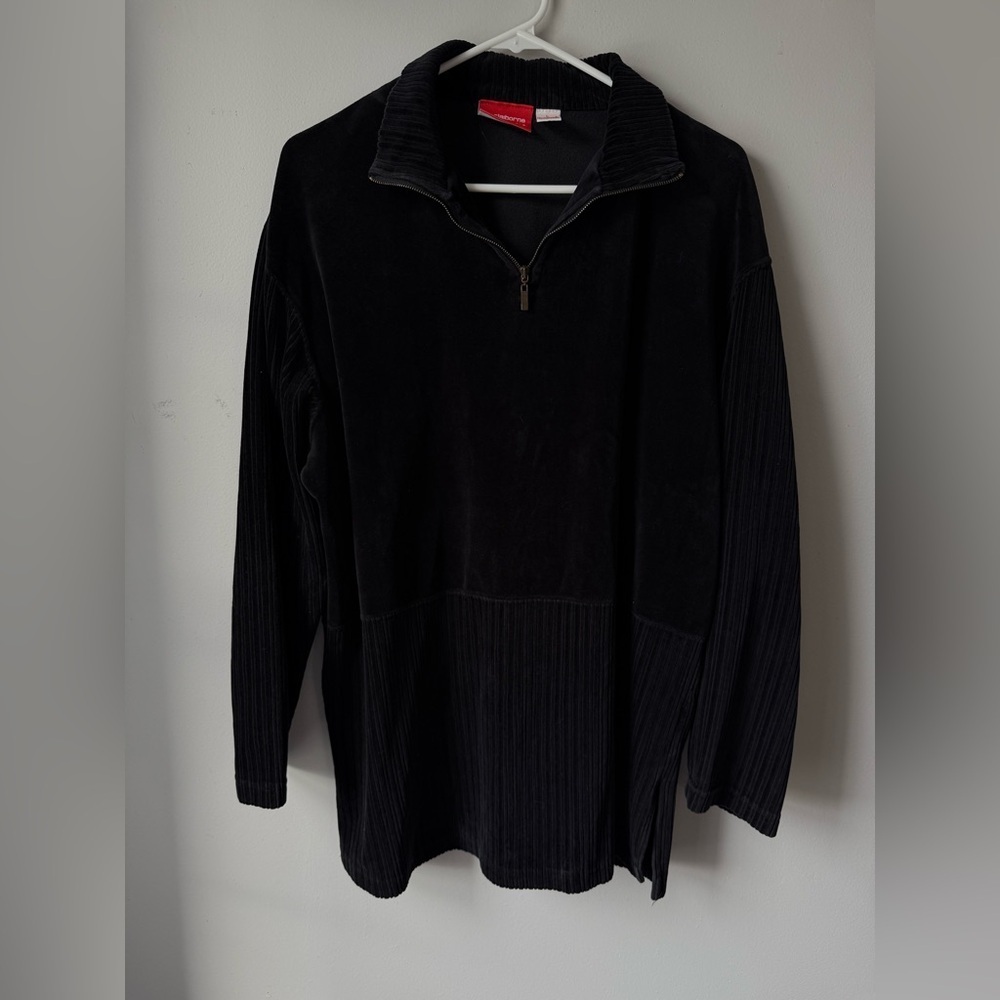 VTG Liz Claiborne Black Zip-Up Sweater Suede Cotton Pattern Pullover Soft Size L - Picture 2 of 9